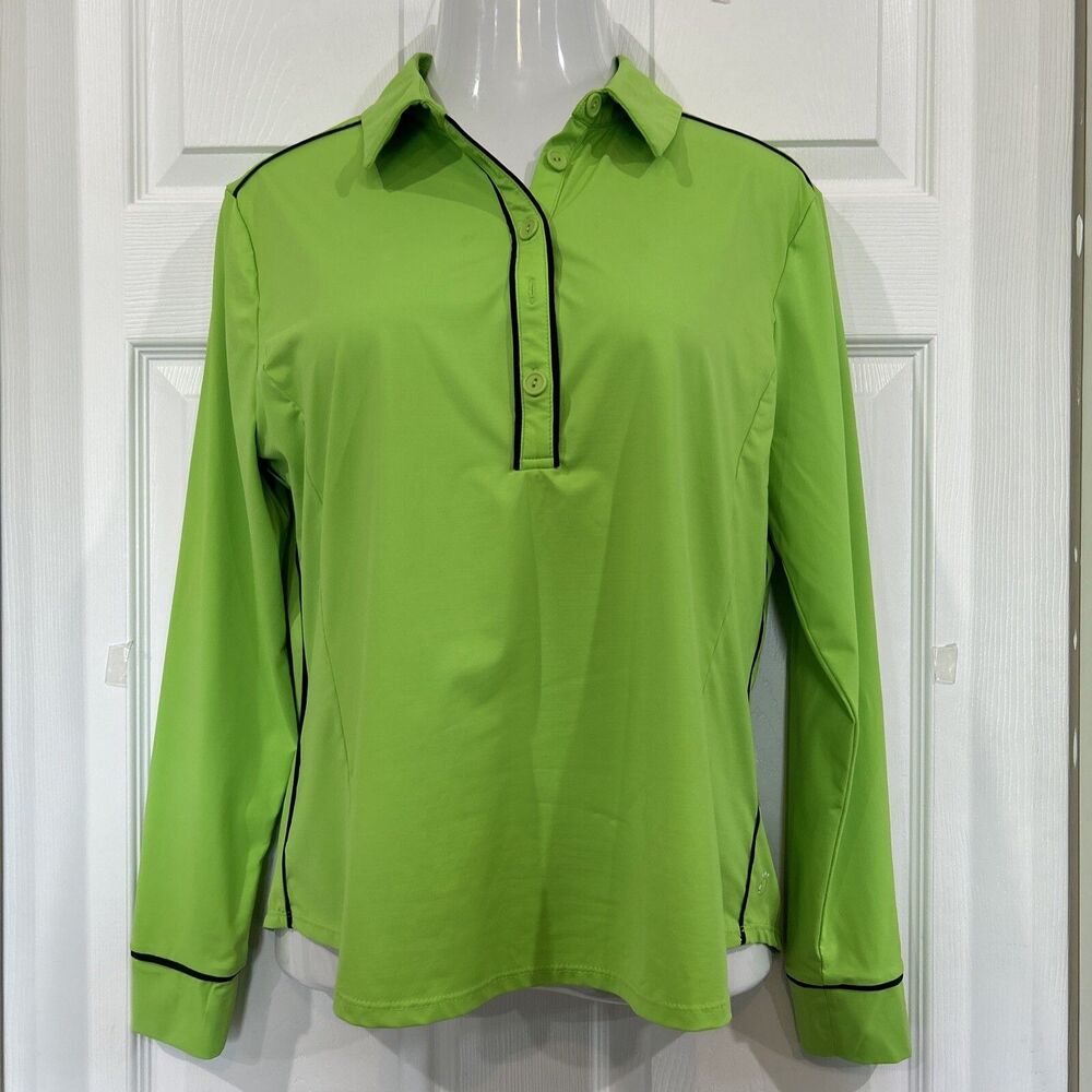 KINONA Bright Green Long Sleeve Golf Shirt Blue Piping Trim Women's L